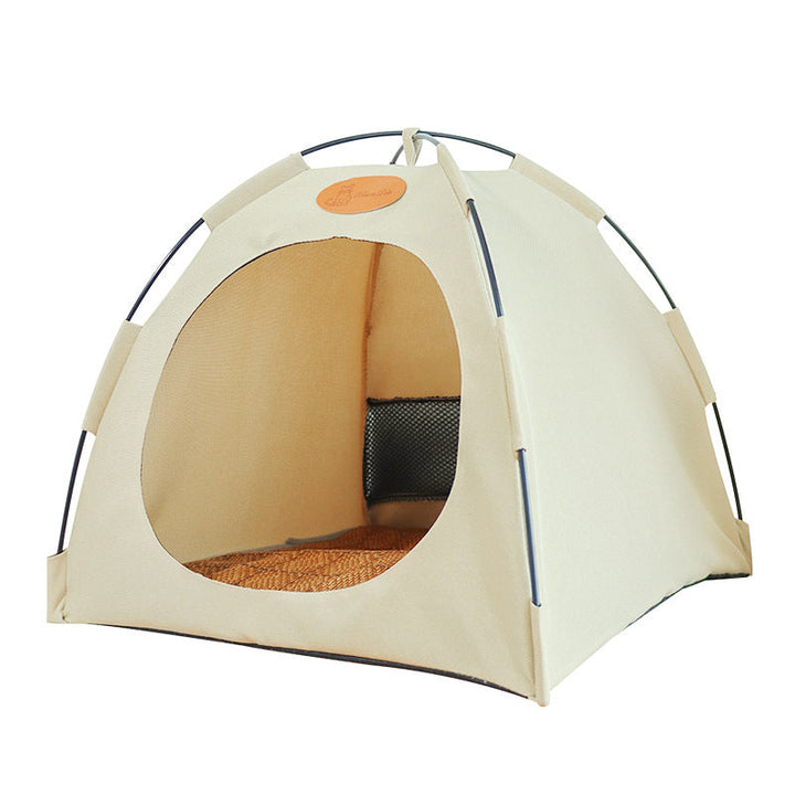 Cat's ultimate summer retreat: a cooling tent bed with a soft yet firm rattan mat for cozy and comfortable naps.