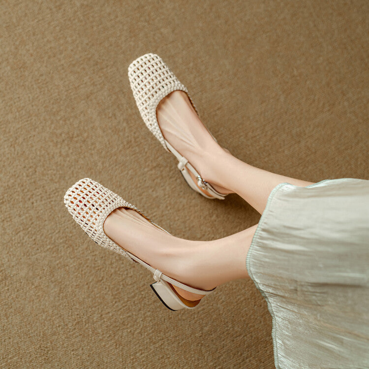 Cream open-toe braided slingback sandals. Women's elegant footwear with a comfortable block heel for summer style.