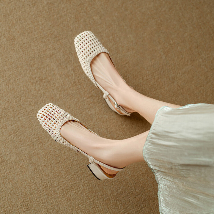Cream open-toe braided slingback sandals. Women's elegant footwear with a comfortable block heel for summer style.
