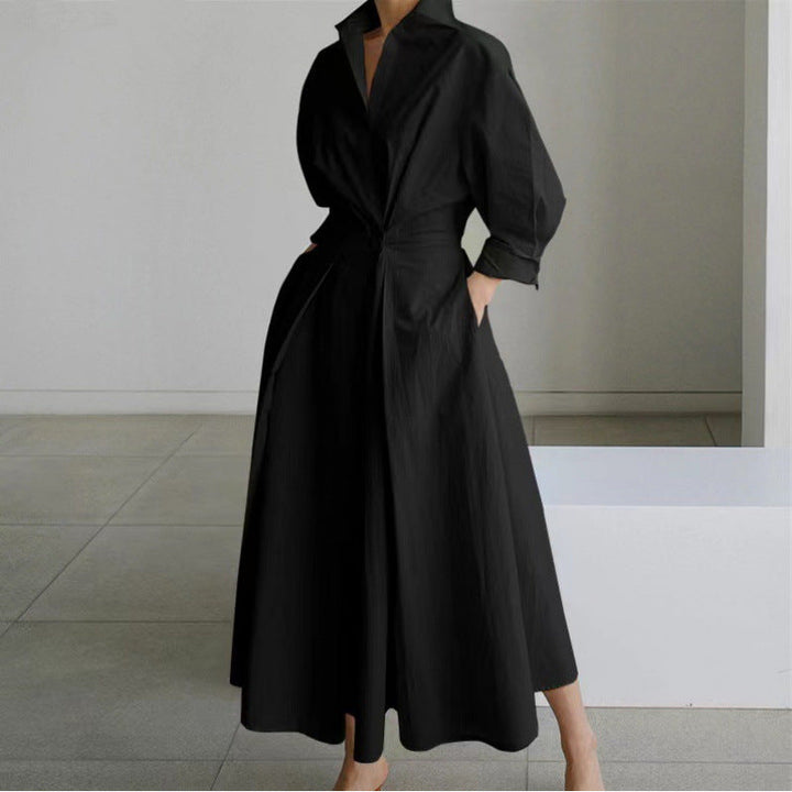 Flowy women's front wrap collared maxi dress, elegant and versatile for all occasions.