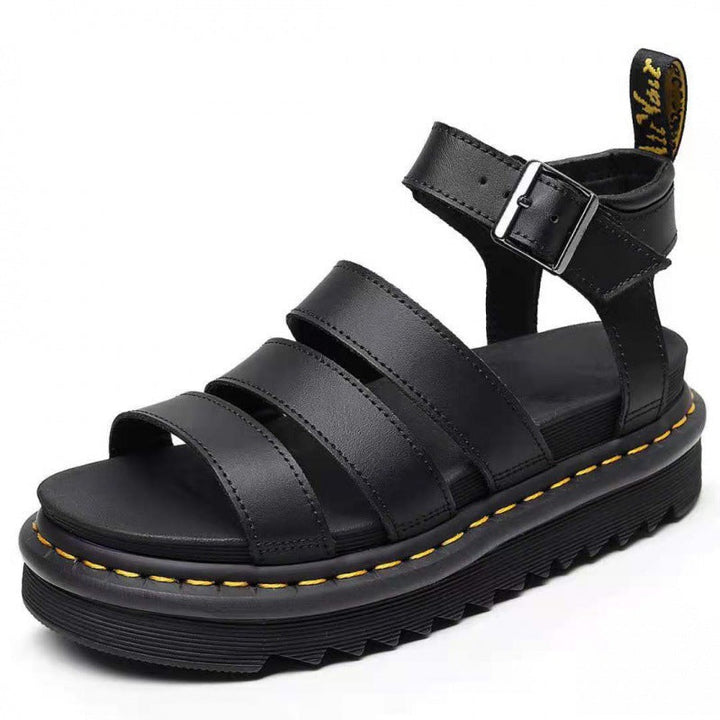 Women's triple strap platform sandals with an elegant ankle buckle. Perfect for trendy summer fashion.