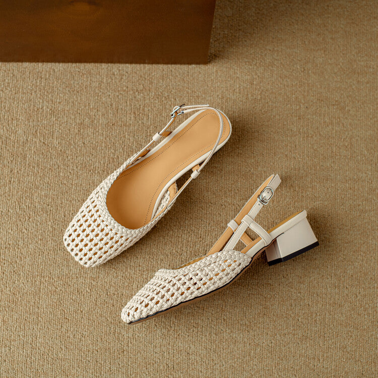 Versatile black braided slingback sandals. Women's elegant block heel footwear, comfortable for everyday summer wear.