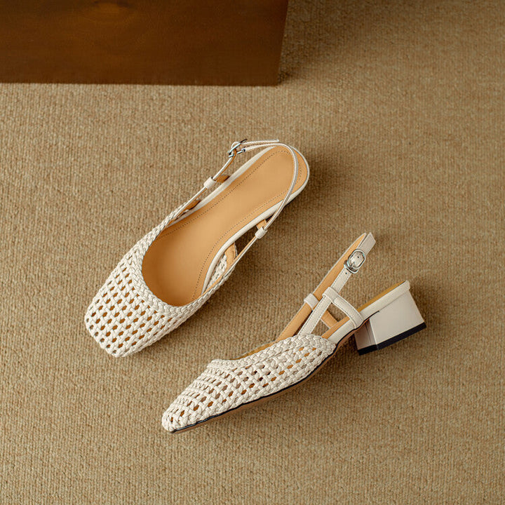 Versatile black braided slingback sandals. Women's elegant block heel footwear, comfortable for everyday summer wear.