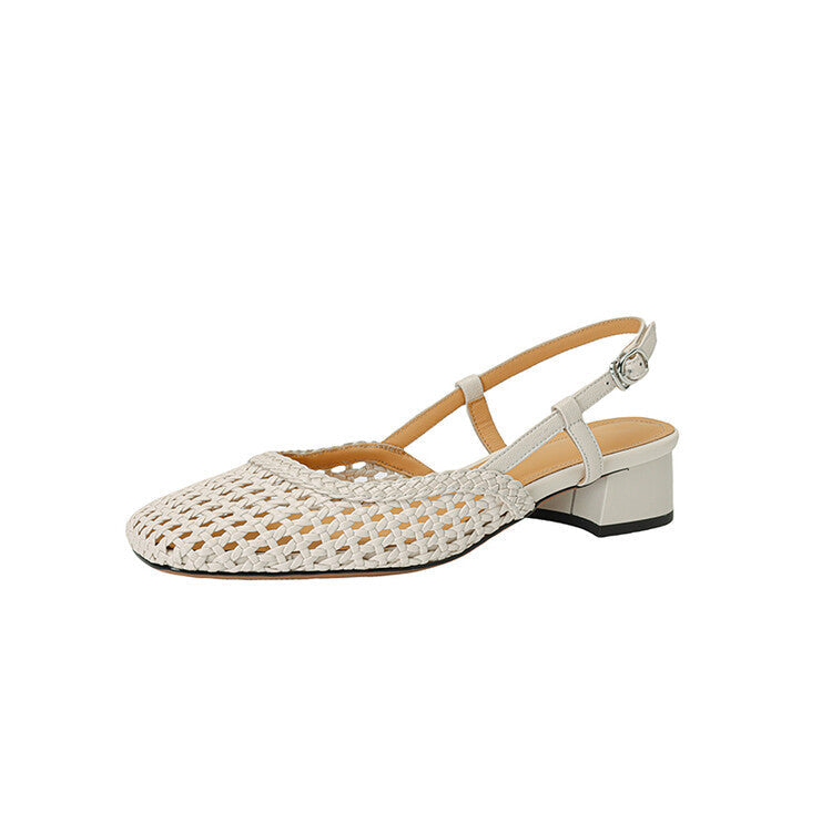 Elegant women's sandals with intricate braided strap, slingback, and stable block heel. Ideal for versatile summer fashion.