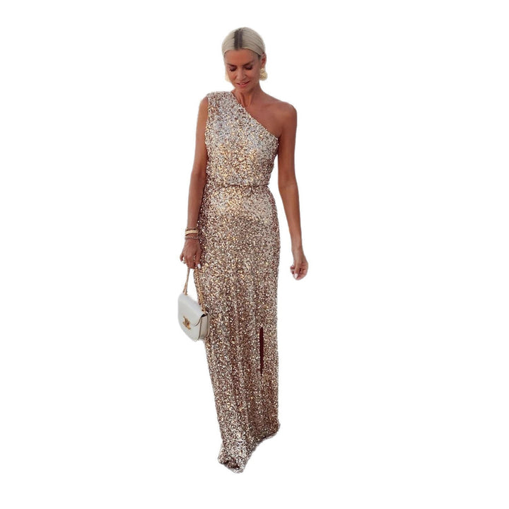 Stunning women's sequin evening dress. Long, elegant off-shoulder gown with a thigh-high slit.