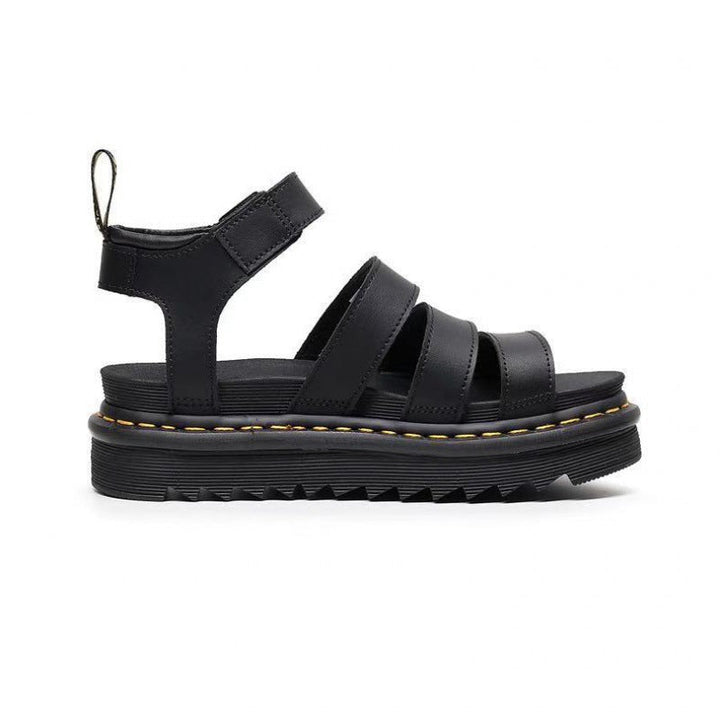 Elegant women's triple strap platform sandals with a sleek ankle buckle for a fashionable summer look.