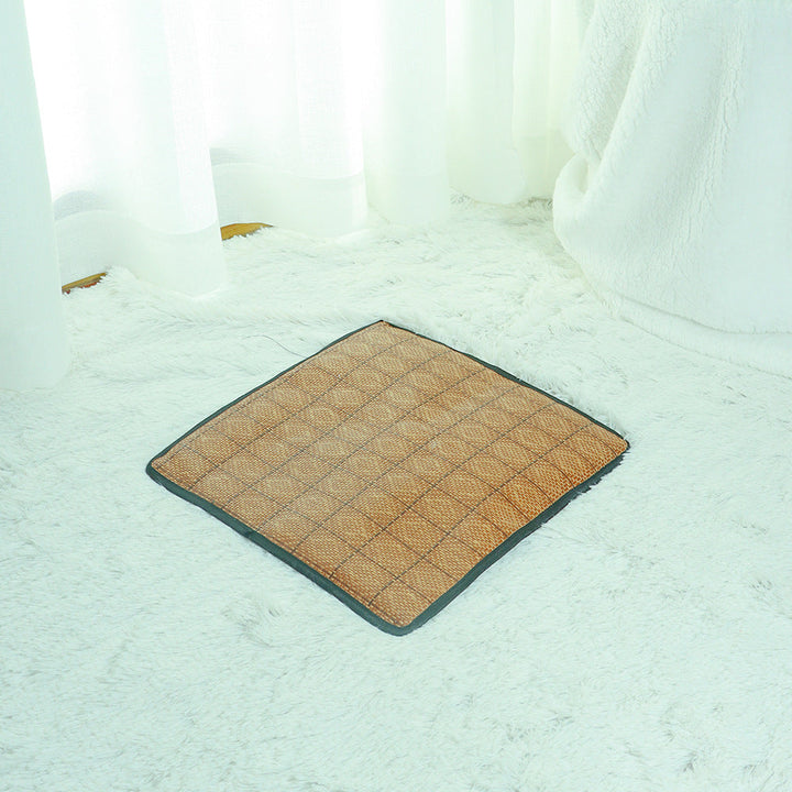 Adorable cat relaxing in its premium cooling tent bed, enjoying the comfortable and natural rattan mat.