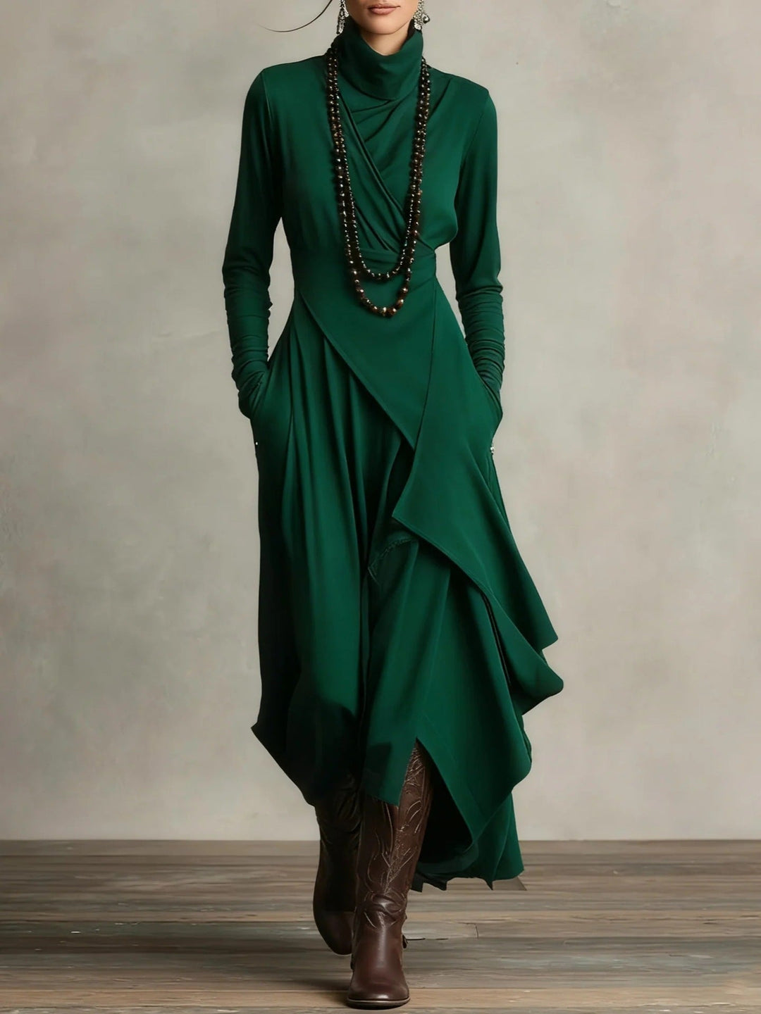 Women's elegant draped turtleneck long sleeve midi dress, comfortable ladies' apparel for winter.