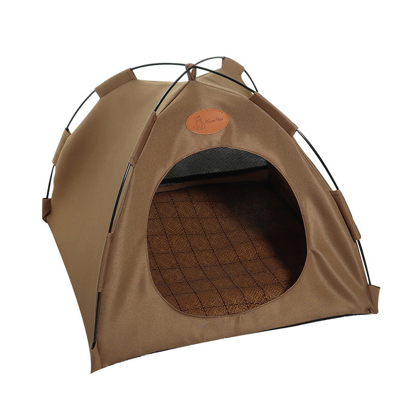 Stylish cat cooling tent bed, designed with a breathable rattan mat for a cozy and comfortable pet sleeping space.
