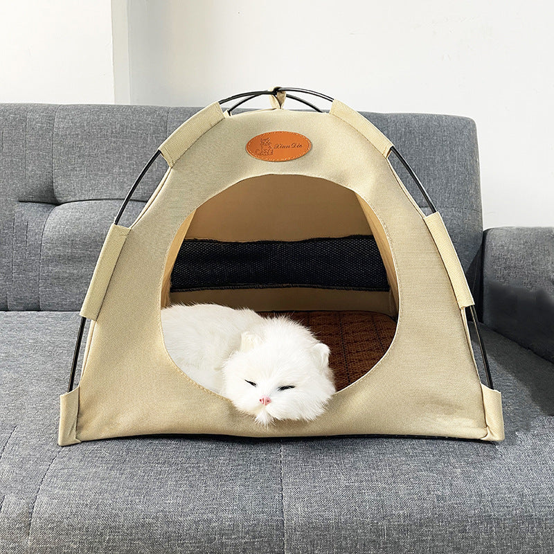 Cozy cat cooling tent bed with a natural rattan mat for comfortable pet relaxation. Perfect summer retreat.