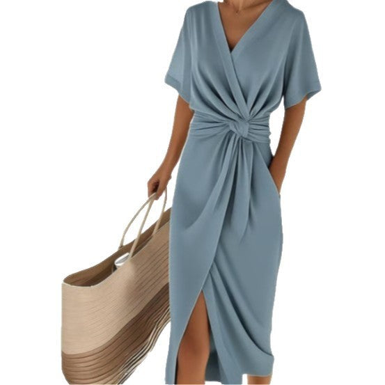 Beautiful women's summer V-neck wrap dress, with elegant draping & a stylish side slit. Perfect for events.