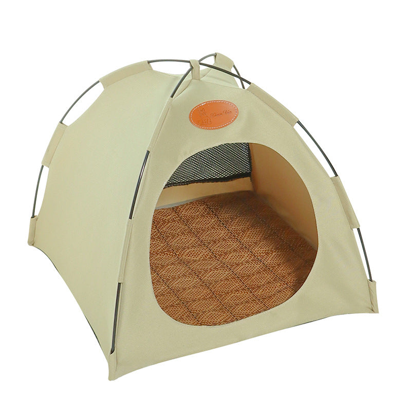 Relaxing cat bed: a cooling tent with a natural rattan mat, providing a cozy and comfortable pet retreat.