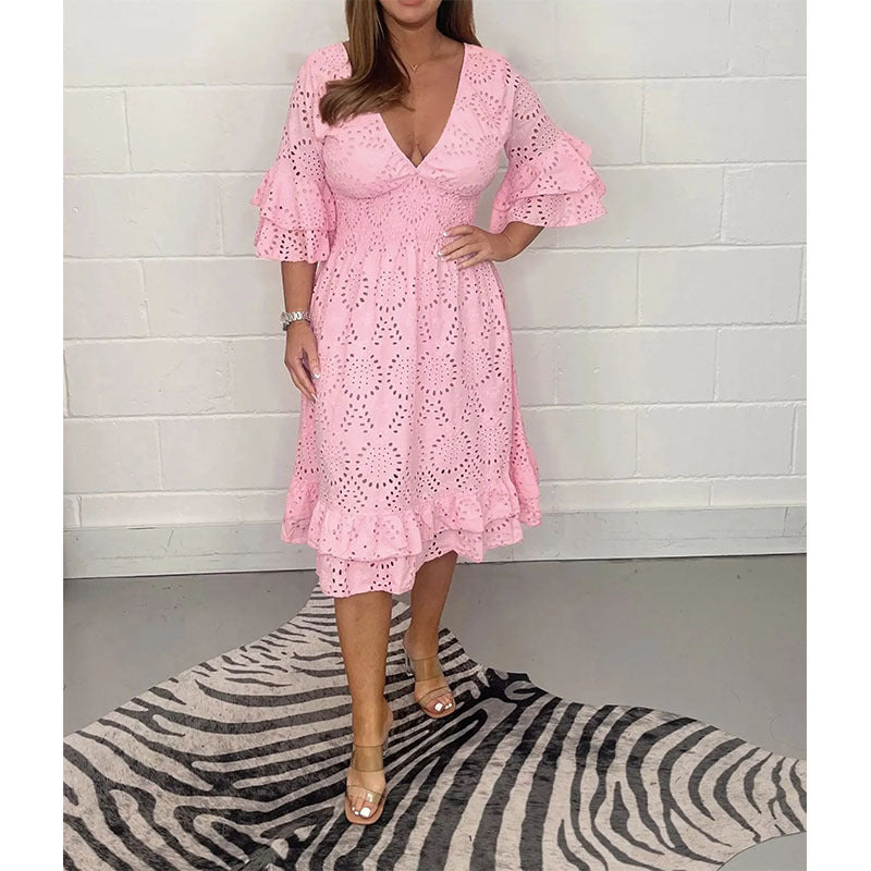 Timeless elegant women's midi dress, intricately embroidered, suitable for graceful special occasions.