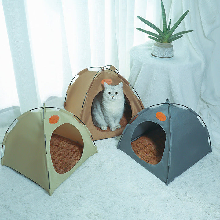 Premium cat cooling tent with rattan mat, offering a cozy and comfortable pet bed for relaxation.