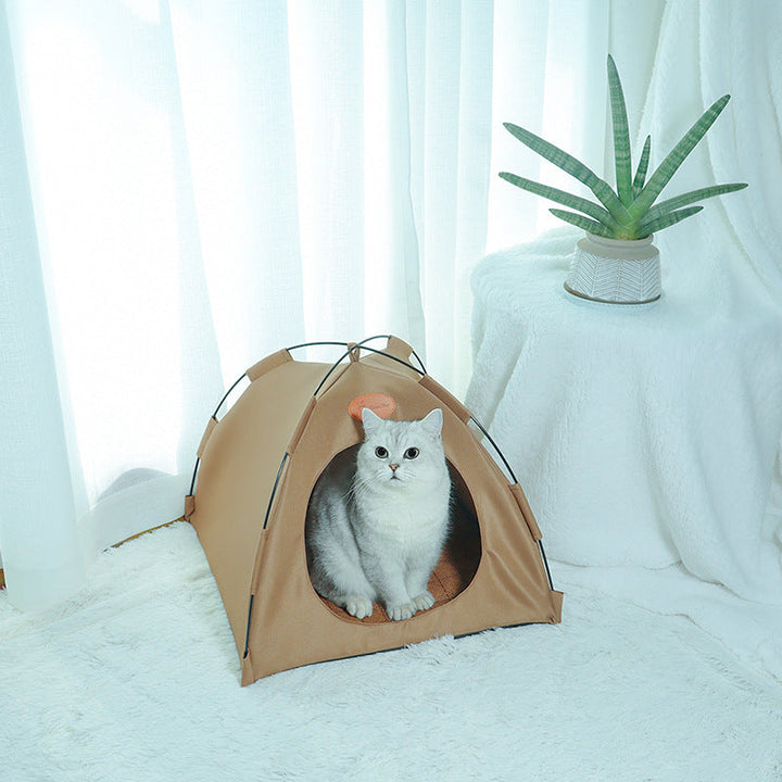 Descriptive image of a premium cooling cat tent, featuring a woven rattan mat for ultimate pet comfort.