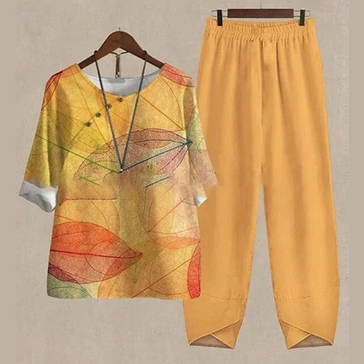 Women's two-piece shirt and trousers set. Comfortable, chic, & relaxed fit for everyday spring/summer fashion and style.