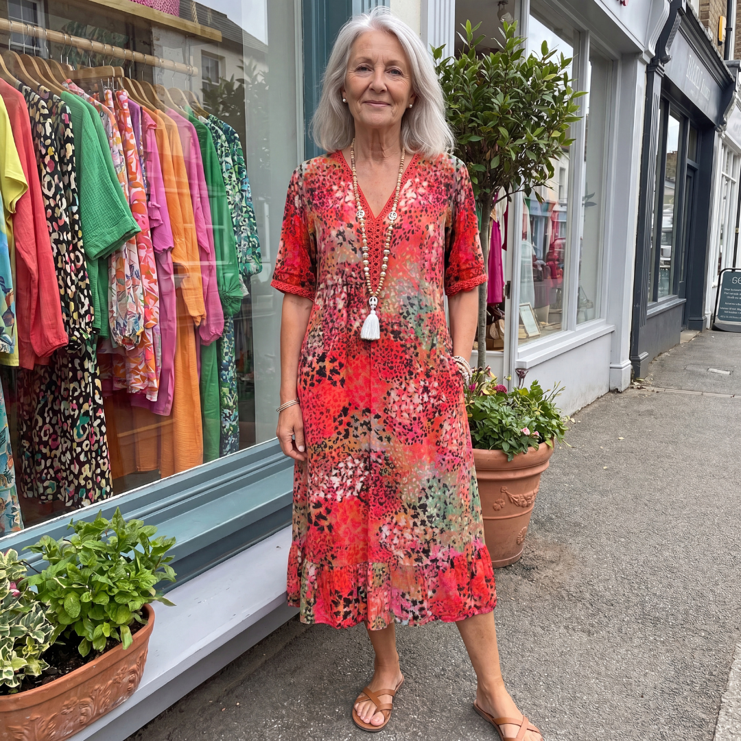 Vibrant red A-line midi dress for women, with flattering tummy control and flowy skirt. Perfect for summer occasions.