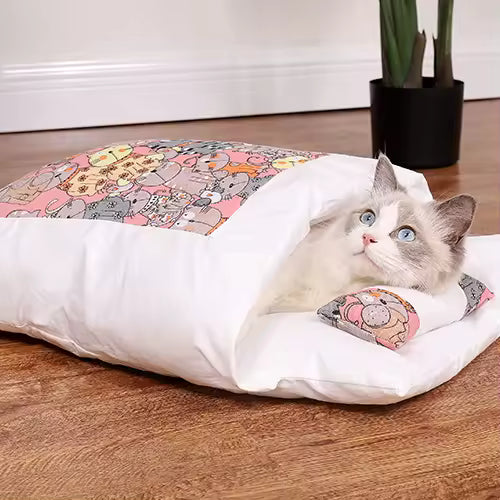 Cat's ComfyCave Plush Bed - Warm & Secure Sleeping Bag for Cats