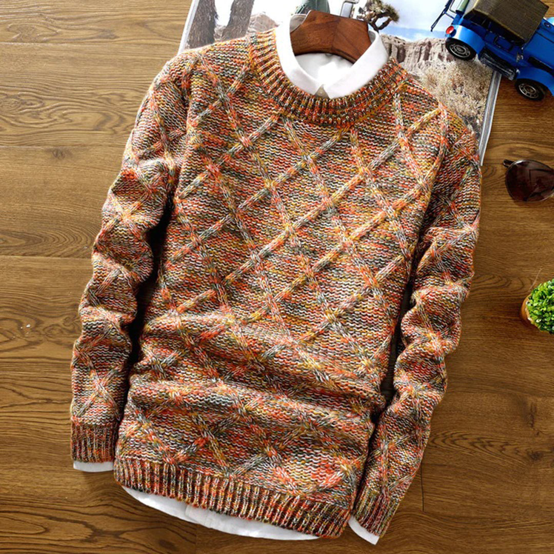 Stylish men's diamond pattern knit crew neck sweater. Ideal long sleeve fall/winter fashion for everyday comfort.