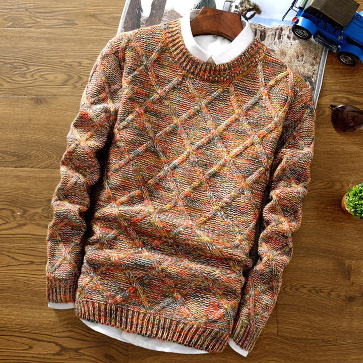 Stylish men's diamond pattern knit crew neck sweater. Ideal long sleeve fall/winter fashion for everyday comfort.