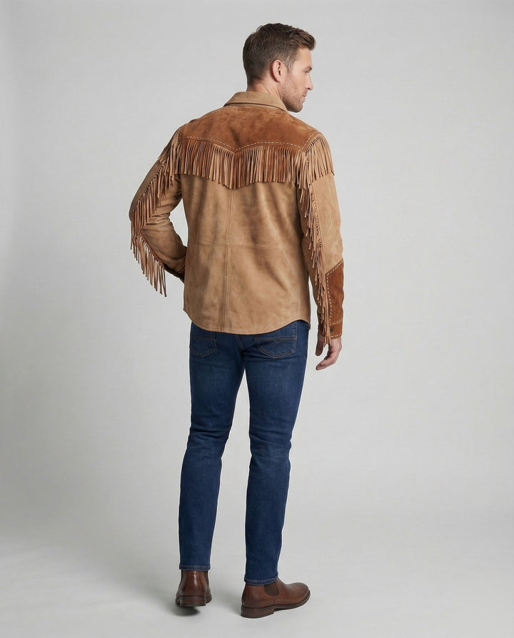 Statement men's cowboy shirt, embroidered and fringed. Long sleeve western style for casual country fashion.