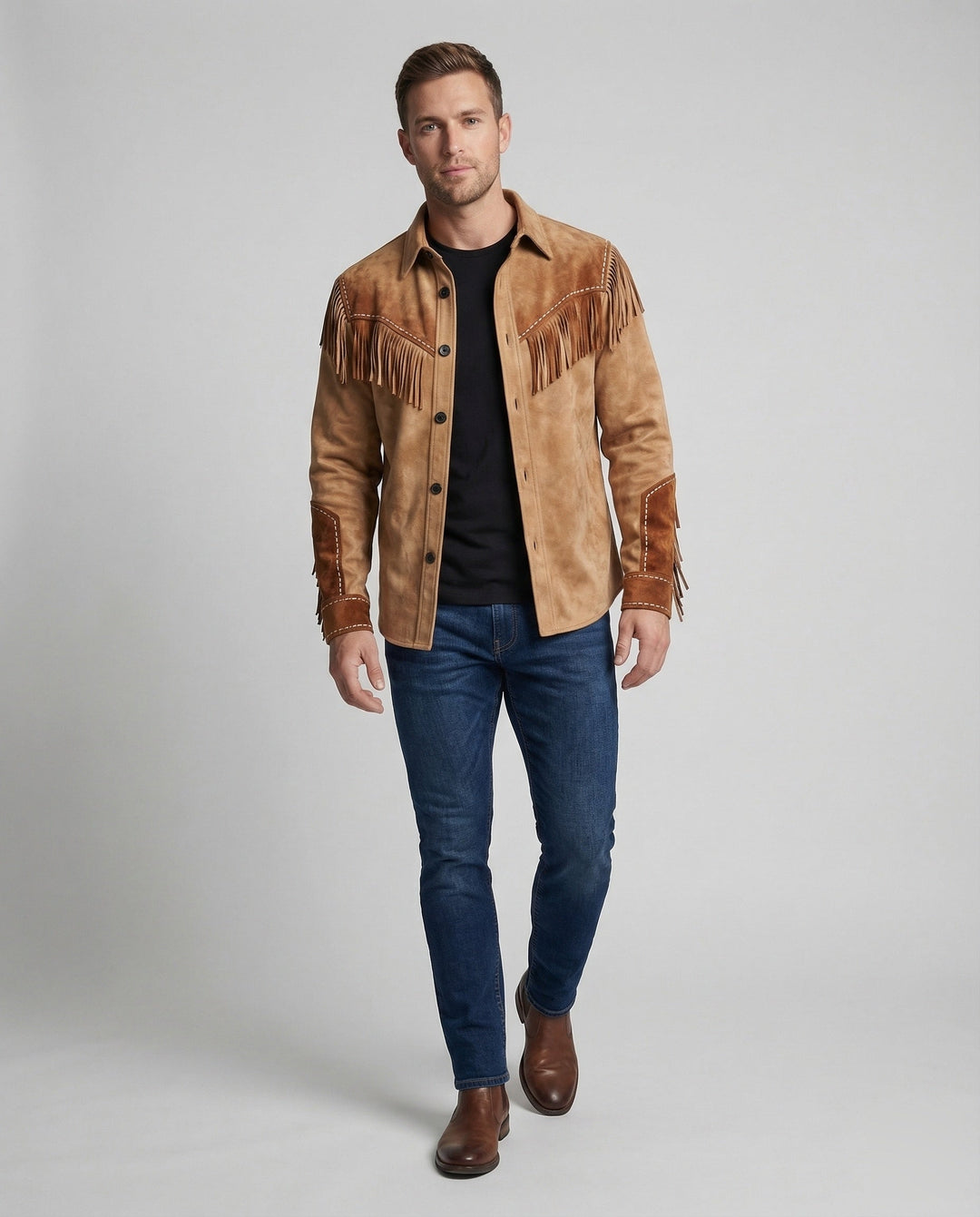 Men's embroidered western shirt with long sleeves & fringes. Classic cowboy style, unique country fashion.