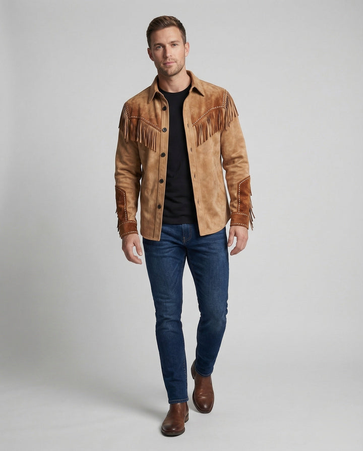 Men's embroidered western shirt with long sleeves & fringes. Classic cowboy style, unique country fashion.