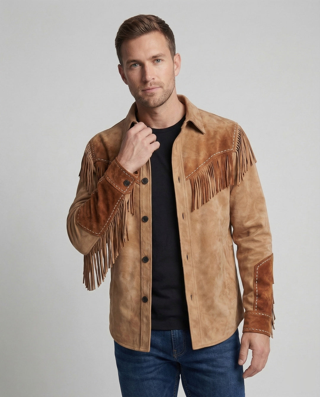 Detailed embroidery on men's western shirt with fringes. Unique long-sleeve cowboy style, country fashion.