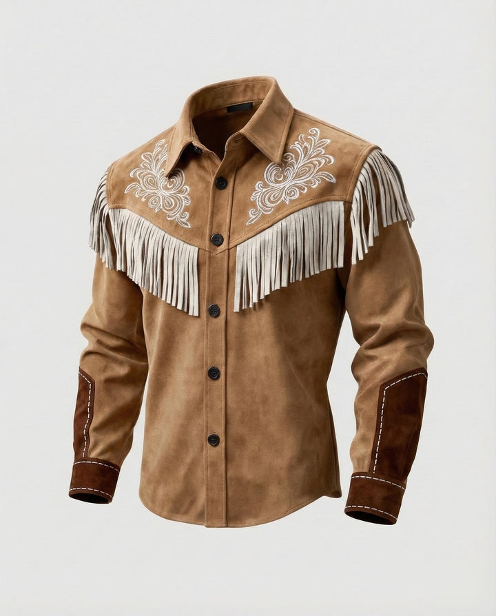 Unique men's embroidered western shirt featuring fringes. Long-sleeve cowboy country style, casual appeal.