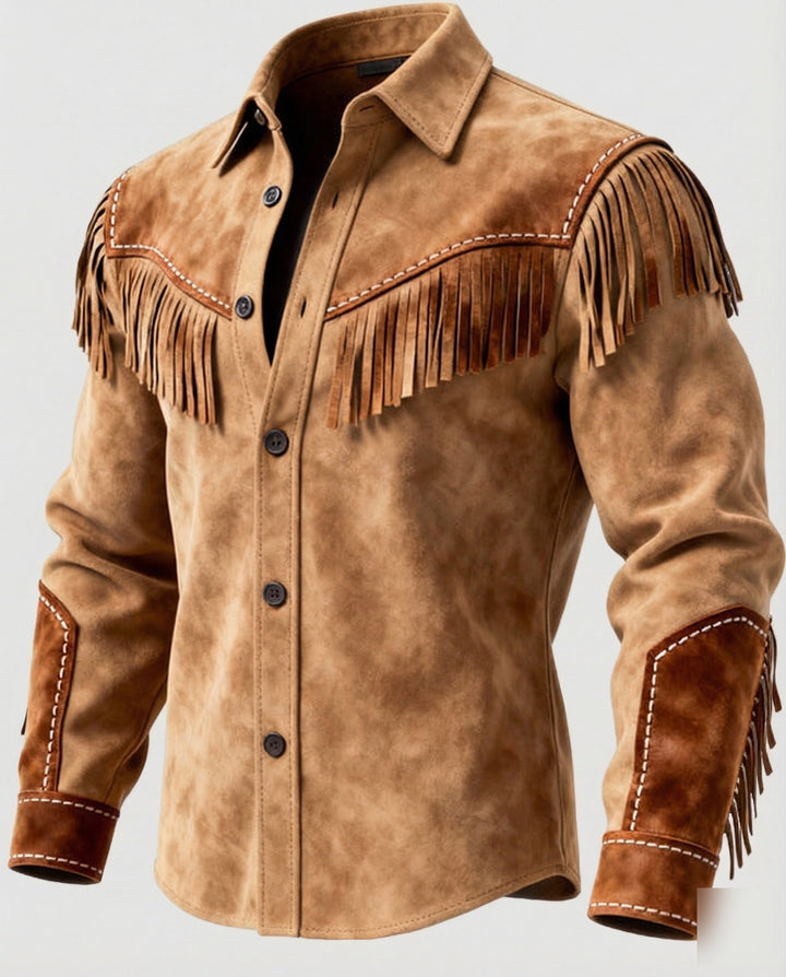 Stylish men's western shirt with detailed embroidery & flowing fringes. Long-sleeve country casual fashion.