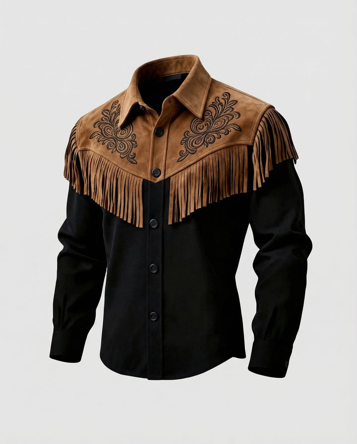 Men's long-sleeve western shirt with bold embroidery & stylish fringes. Perfect country style cowboy fashion.