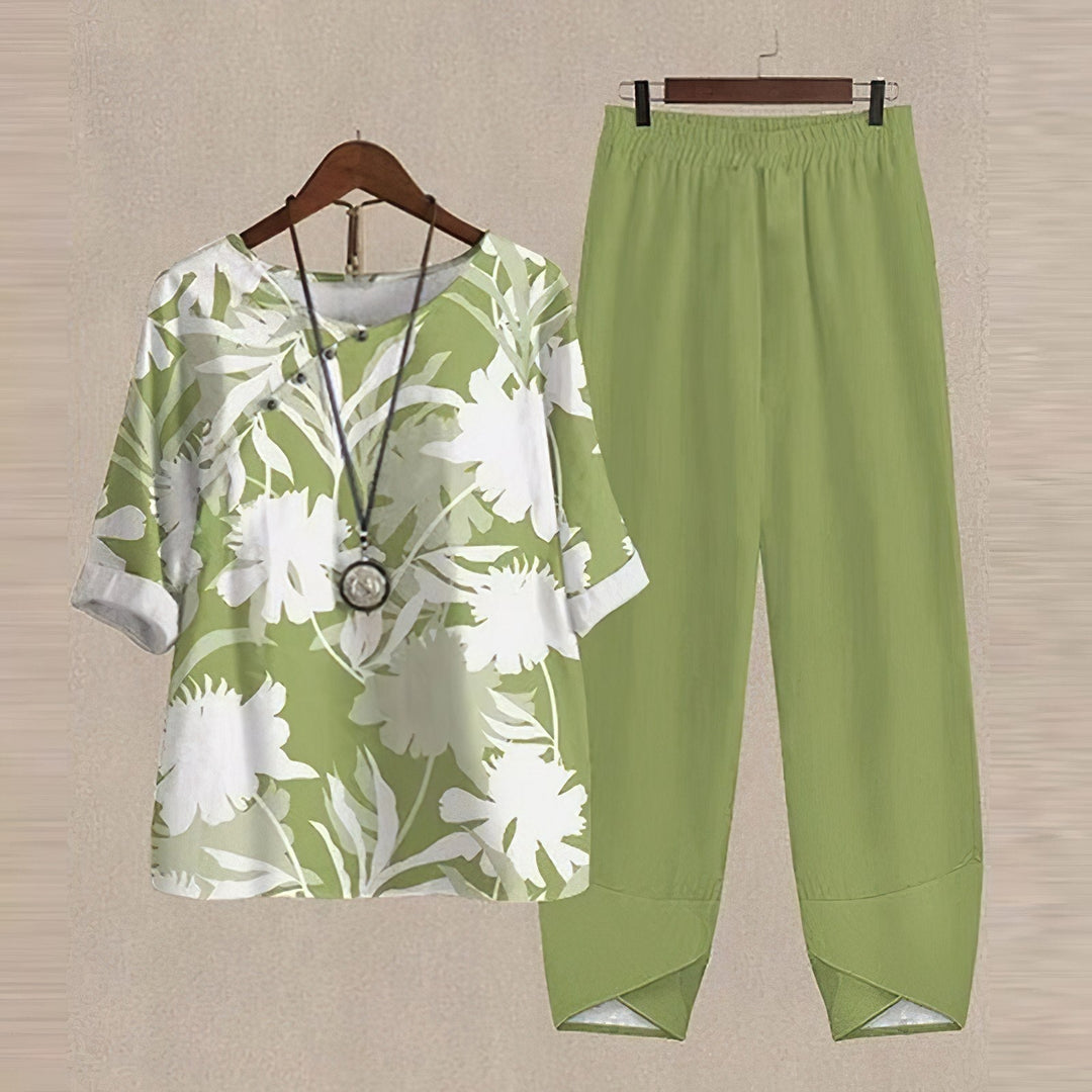 Chic women's two-piece shirt & trouser set. Comfortable relaxed fit ideal for spring/summer casual fashion & everyday style.