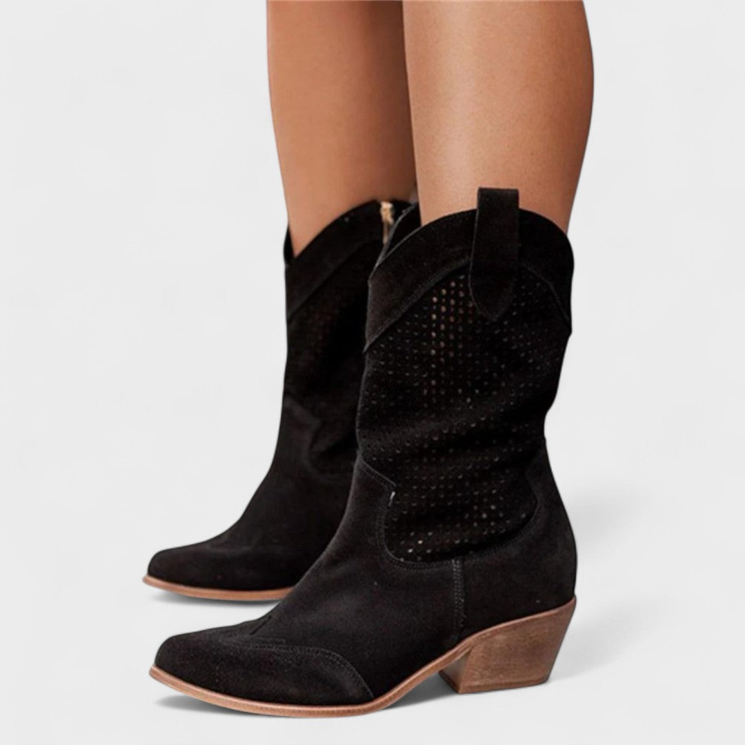 Fashionable women's mid-calf boots with intricate perforated detail, stable block heel. Perfect for fall & winter.