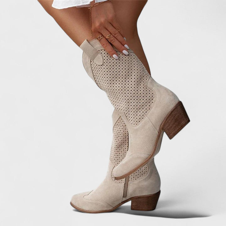 Women's mid-calf boots with elegant perforated detail & stable block heel. Perfect stylish fall/winter footwear.