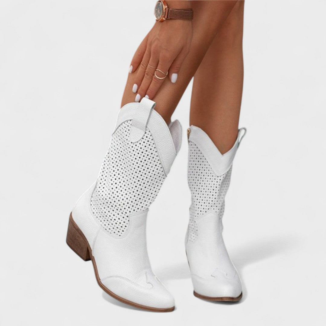 Chic perforated mid-calf boots for women, featuring a stable block heel & rounded toe. Ideal comfortable fall footwear.