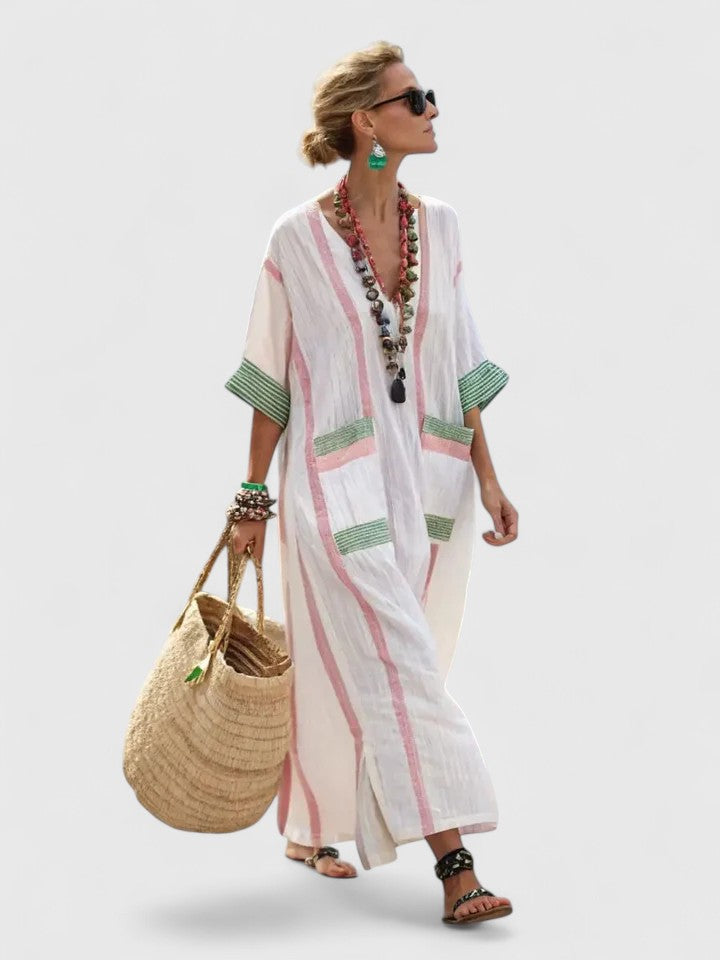 Women's striped V-neck kaftan maxi dress. Elegant and flowing design for summer fashion and resort wear.
