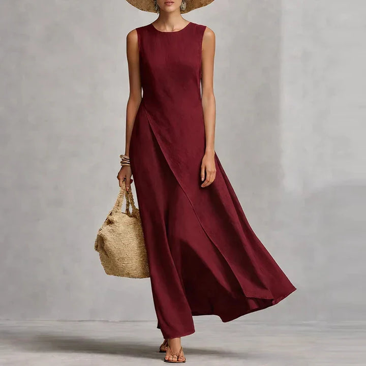 Flowy asymmetrical sleeveless maxi dress for women, ideal for beach, summer holidays & casual comfort.