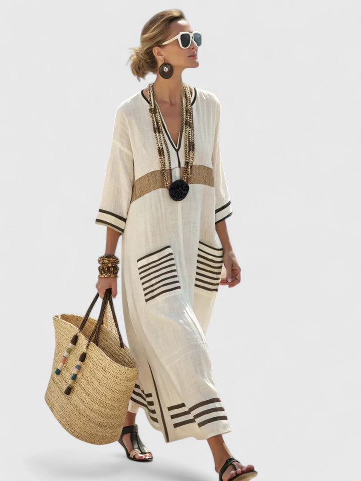 Women's V-Neck Striped Maxi Sundress Kaftan. Flowing, comfortable summer beachwear dress for women.