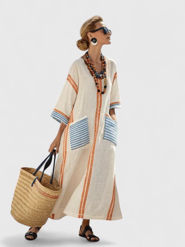 Elegant V-neck striped maxi dress. Perfect flowing kaftan sundress for beachwear, vacation, or casual summer.