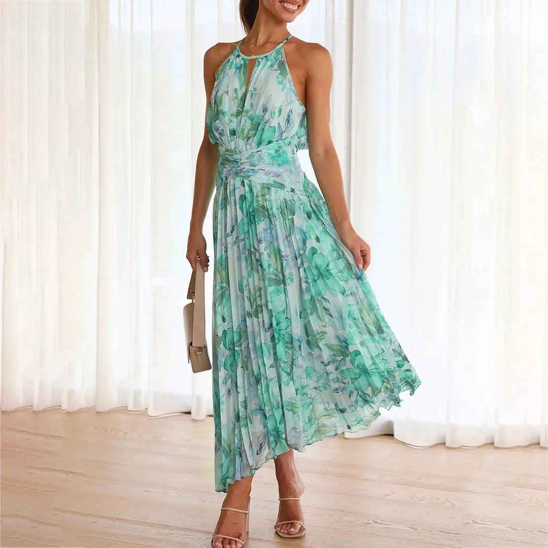 Women's green boho floral halter maxi dress, perfect for summer vacations & resort wear. Elegant casual fashion.