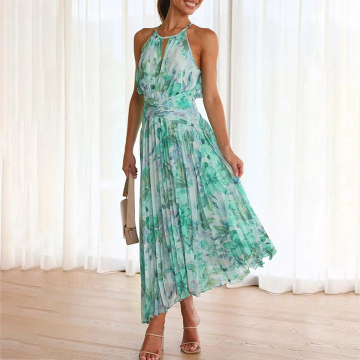 Women's green boho floral halter maxi dress, perfect for summer vacations & resort wear. Elegant casual fashion.