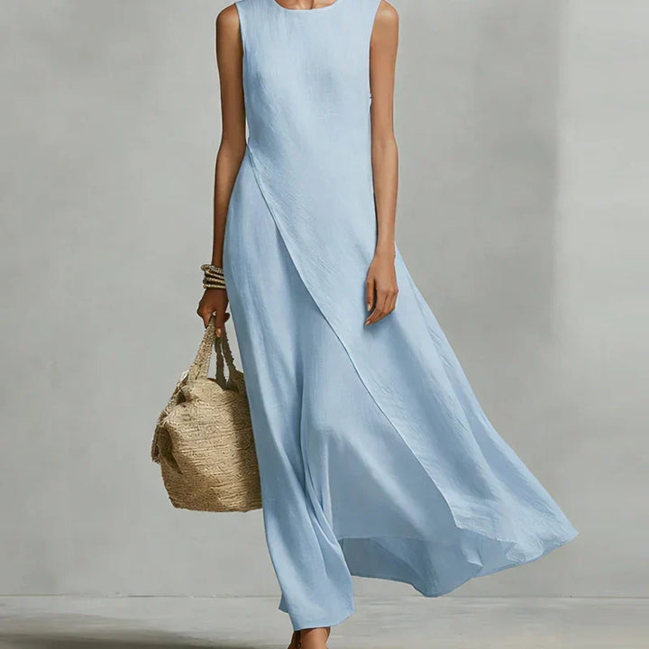 Women's asymmetrical sleeveless maxi dress, perfect for summer casual wear or elegant holiday outfits.