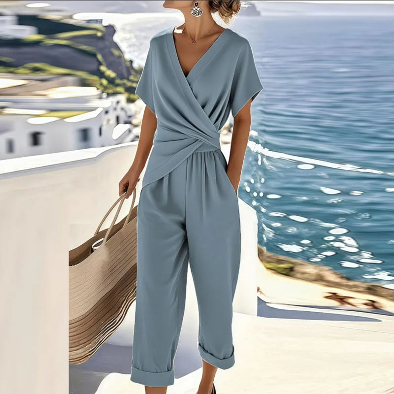 Apricot women's two-piece set: stylish wrap top & cropped pants for a casual chic summer outfit.