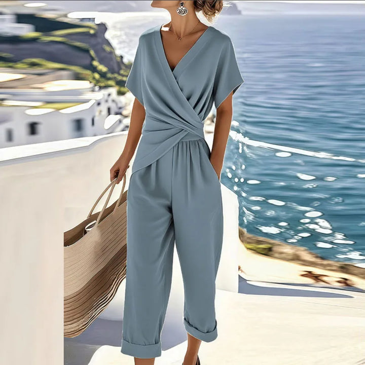 Apricot women's two-piece set: stylish wrap top & cropped pants for a casual chic summer outfit.
