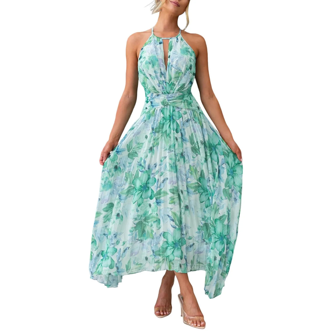 Boho floral halterneck maxi dress for women, ideal summer beach or vacation resort wear. Flowy green fabric.