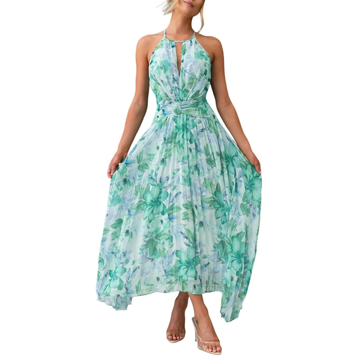 Boho floral halterneck maxi dress for women, ideal summer beach or vacation resort wear. Flowy green fabric.
