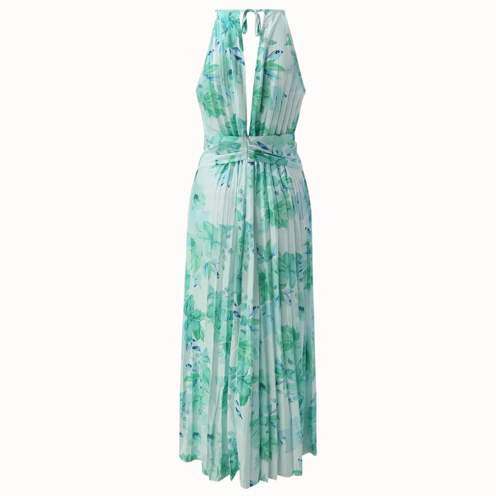 Casual women's green boho floral halterneck maxi dress, a chic summer vacation & beach resort wear option.