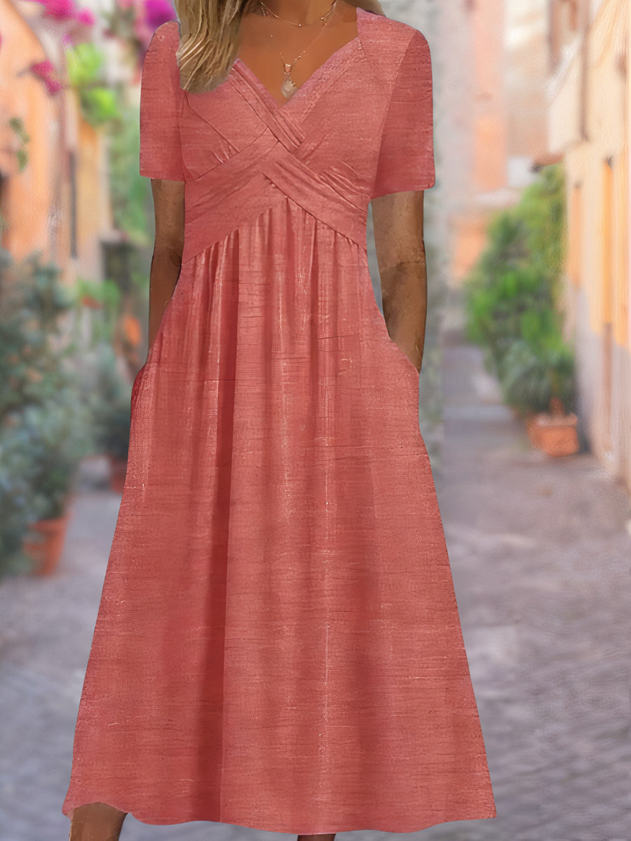 Elegant women's V-neck summer dress, offering tummy control & a flattering fit. Ideal for casual or spring occasions.