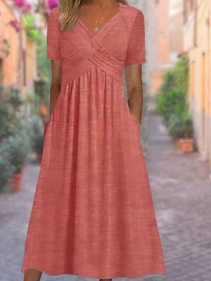 Elegant women's V-neck summer dress, offering tummy control & a flattering fit. Ideal for casual or spring occasions.