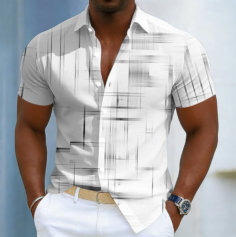 Stylish men's geometric print short sleeve button-up shirt. Modern casual summer fashion for men.